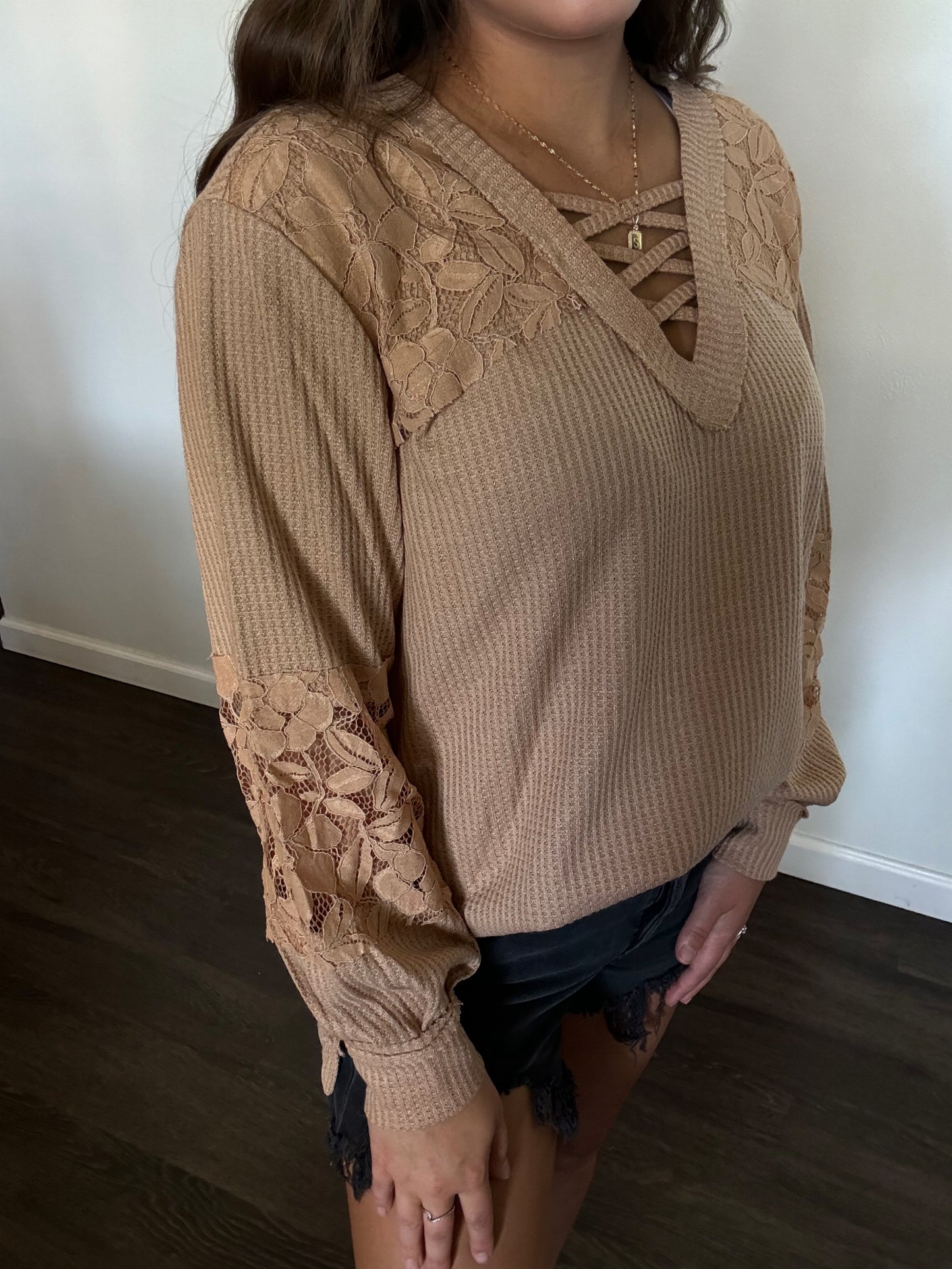 Lace Waffle Patchwork Strappy Long Sleeve Top: Apricot