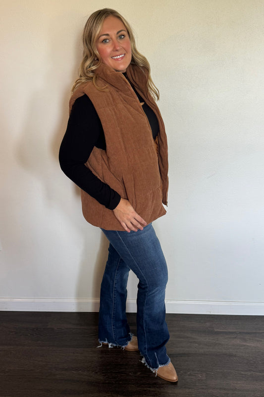 Corduroy Stand Neck Zipped Puffer Vest