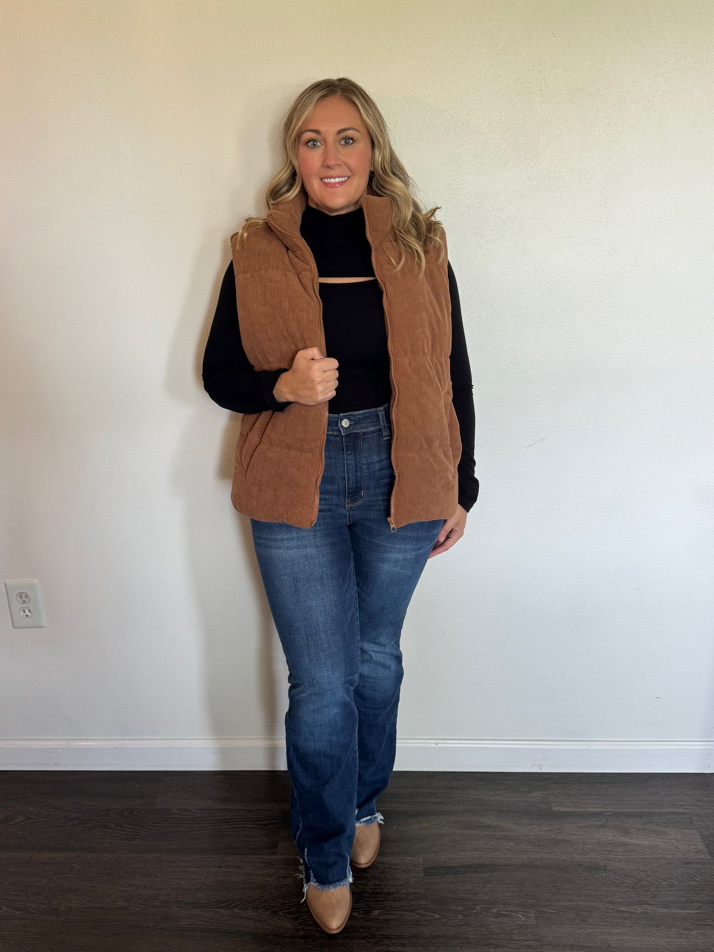 Corduroy Stand Neck Zipped Puffer Vest