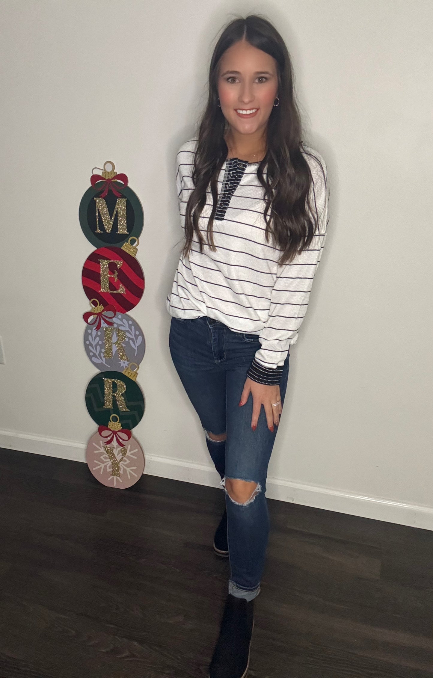 Striped Buttoned Waffle Knit Top