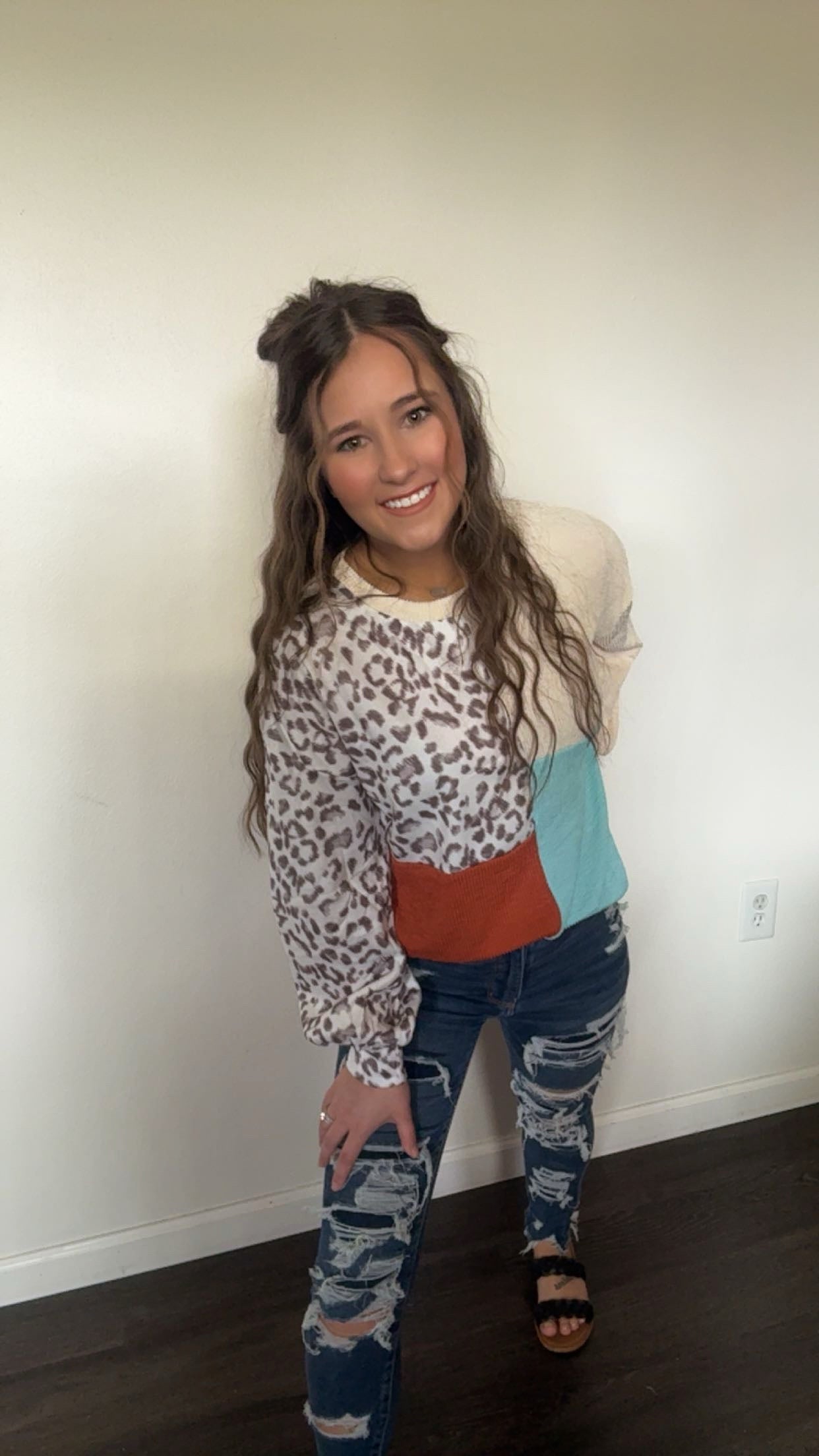 Leopard Color Block Ribbed Top