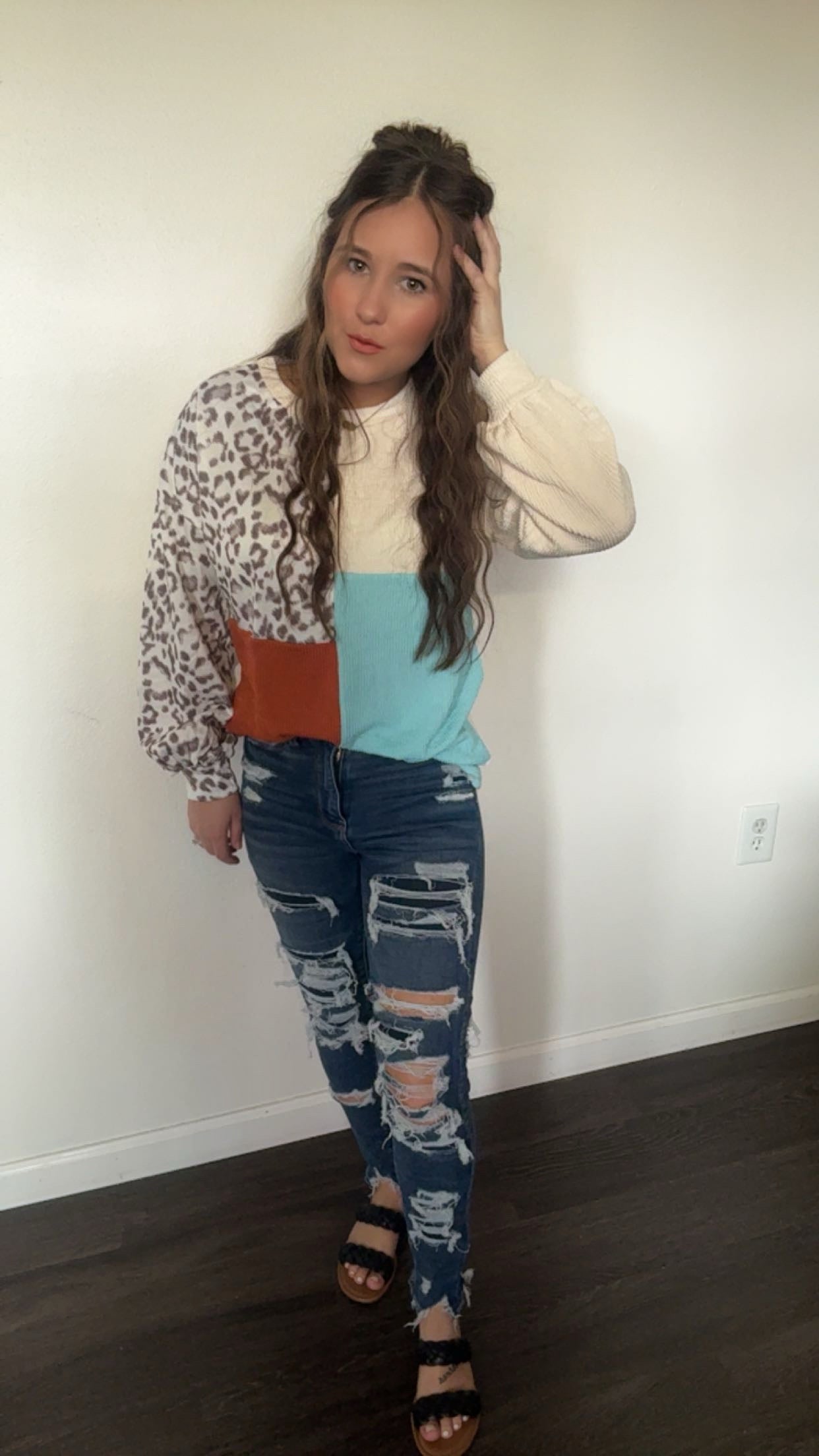Leopard Color Block Ribbed Top