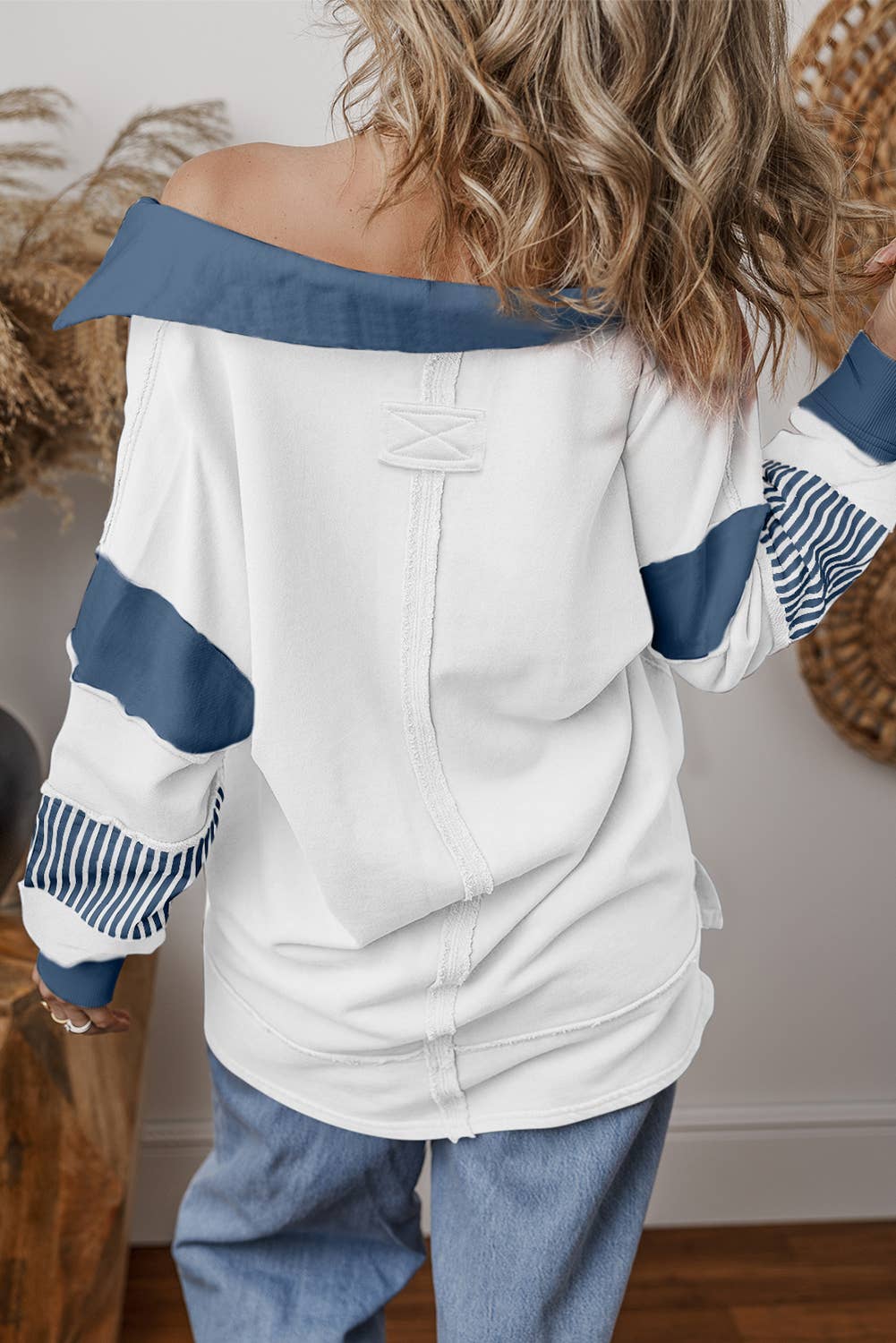 Colorblock Patchwork Striped Collar Sweatshirt: Sail Blue