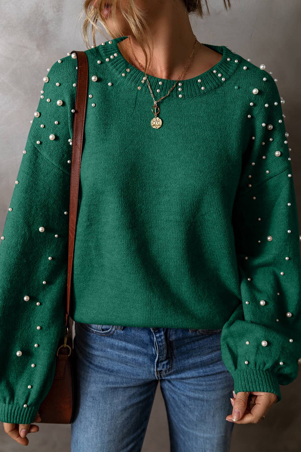 Long Sleeve Round Neck Pearl Pullover Sweater: Evergreen