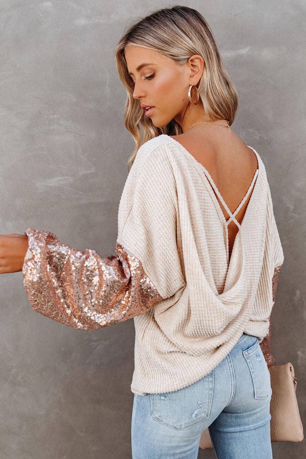 Sequin Patchwork Sleeve Open Back Waffle Knit Top