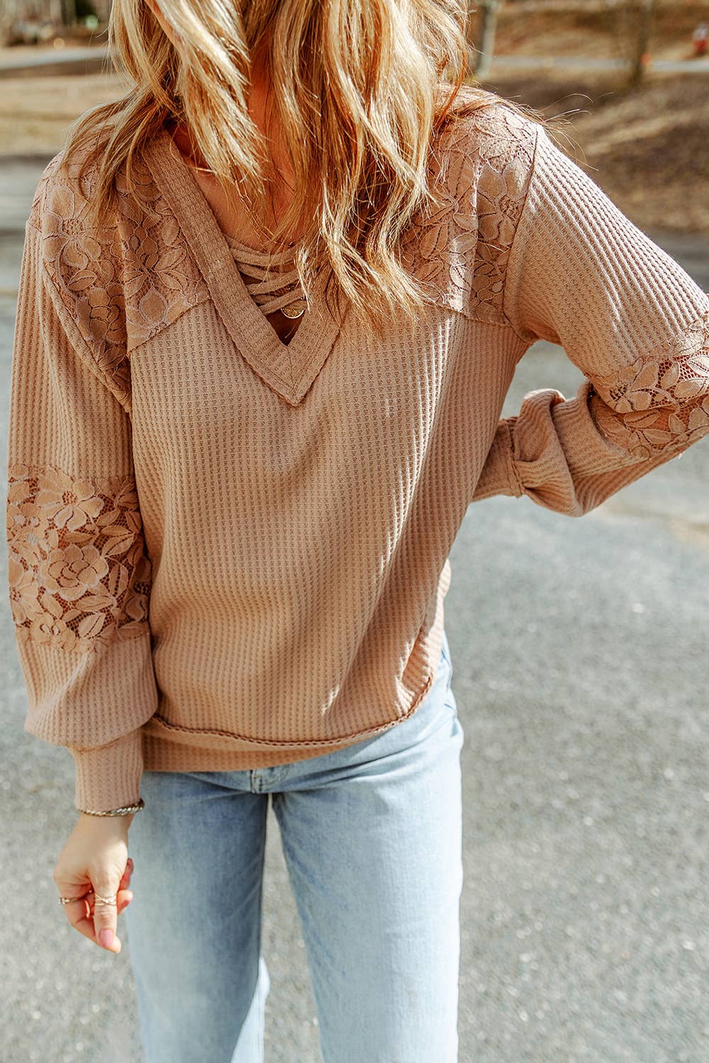 Lace Waffle Patchwork Strappy V Neck Long Sleeve Top: Apricot